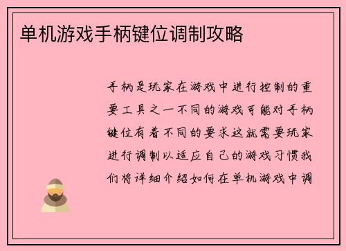 单机游戏手柄键位调制攻略